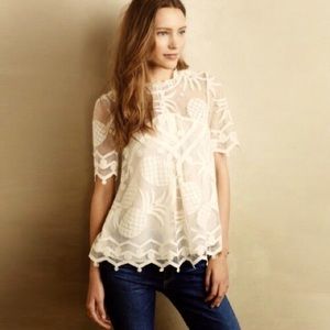 Anthropologie Pineapple Lace Cream Short Sleeve Shirt Size 2